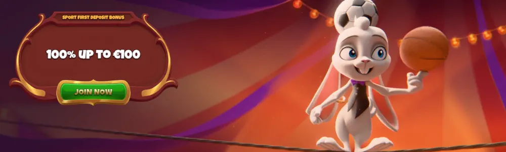 Magius sport bonusbanner met een konijnpersonage en 100% matchaanbieding